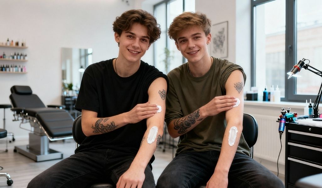 Un par de amigos en un estudio de tatuaje con anestesia en sus brazos